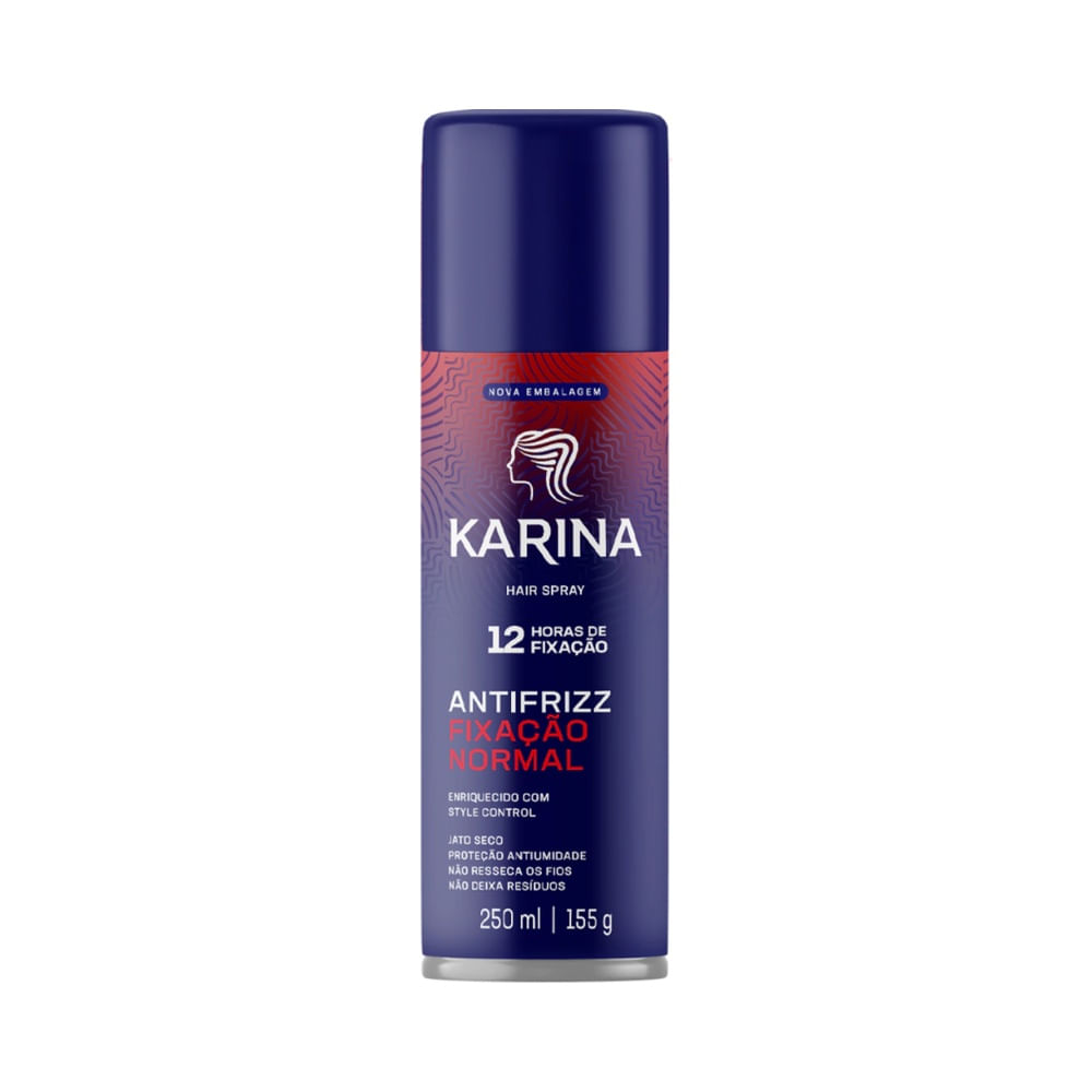 Spray Karina Fixação Normal 250ml com embalagem azul escuro e detalhes vermelhos